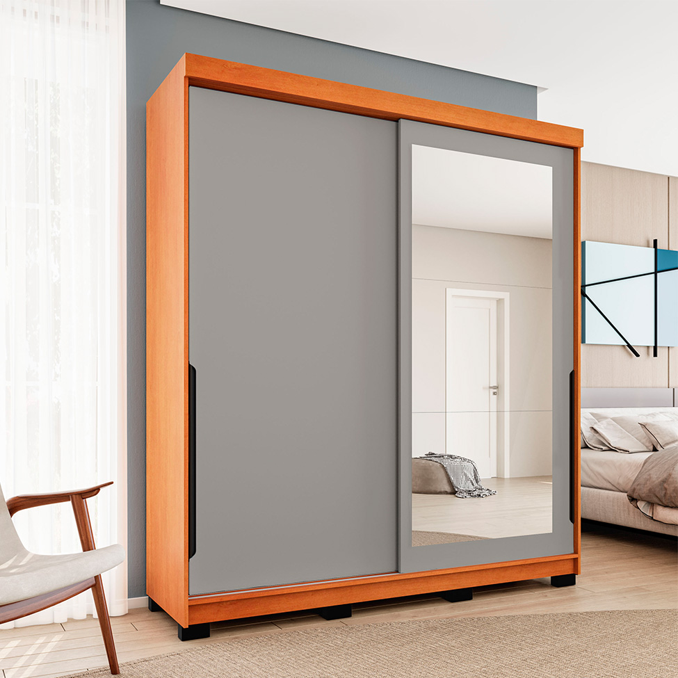 Guarda-Roupa Casal com Espelho Madrid 2 Portas 2 Gavetas Freijó e Cinza