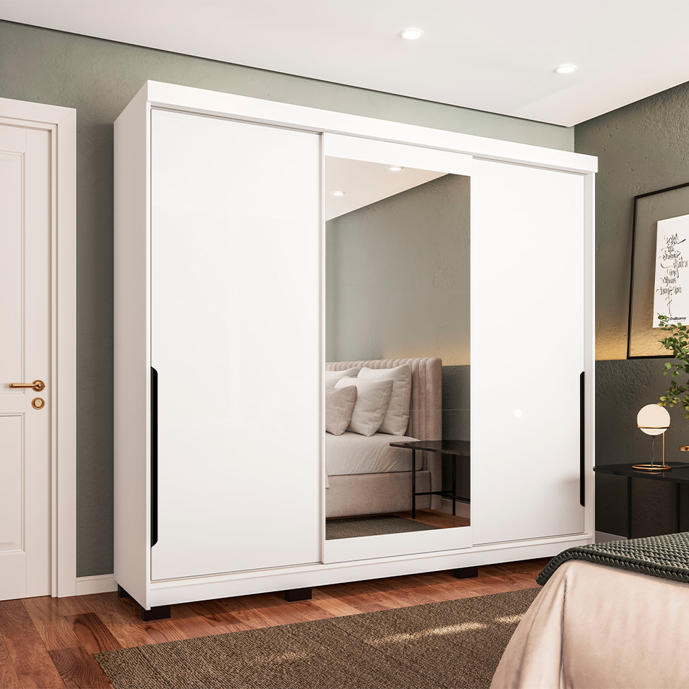 Guarda-Roupa Casal com Espelho Madrid 3 Portas 2 Gavetas Branco