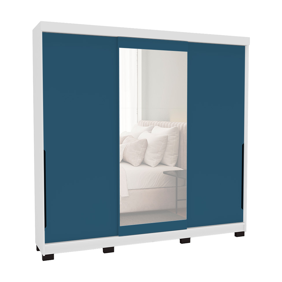 Guarda-Roupa Casal com Espelho Madrid 3 Portas 2 Gavetas Branco e Azul