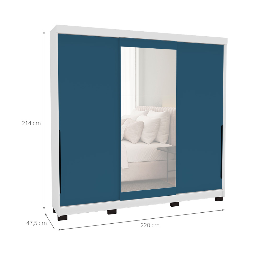 Guarda-Roupa Casal com Espelho Madrid 3 Portas 2 Gavetas Branco e Azul
