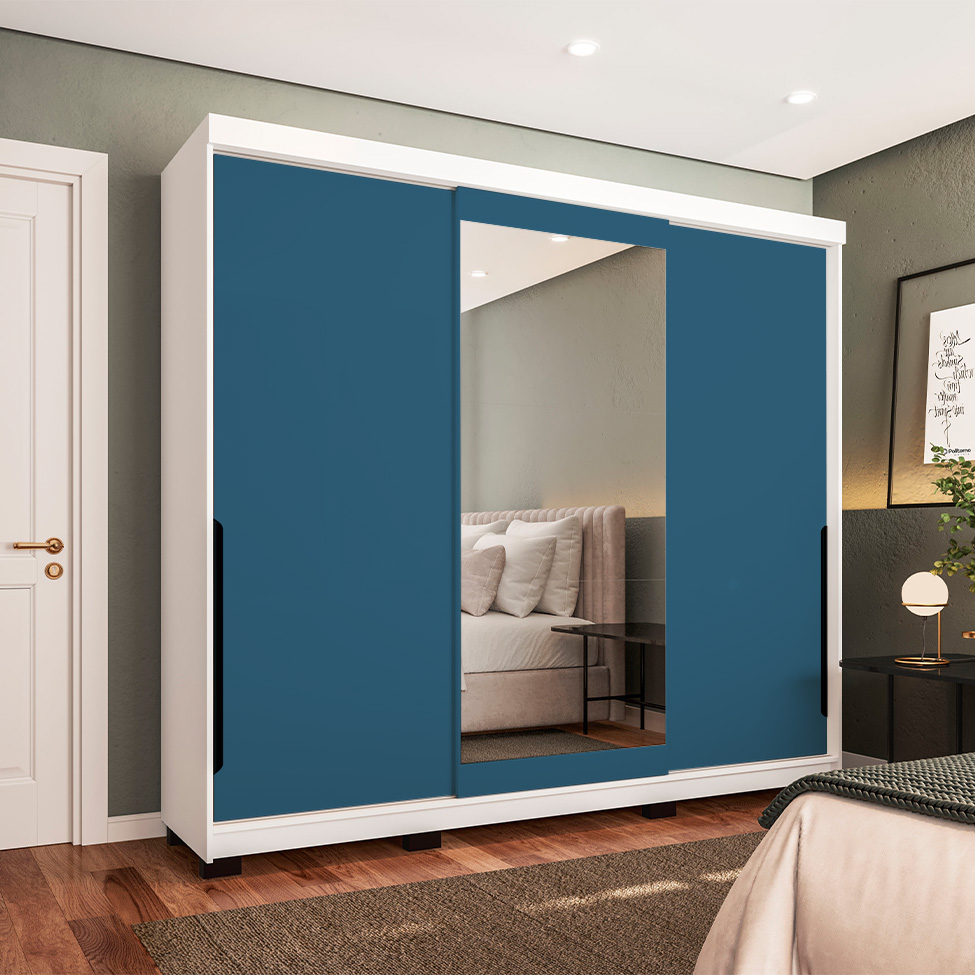 Guarda-Roupa Casal com Espelho Madrid 3 Portas 2 Gavetas Branco e Azul
