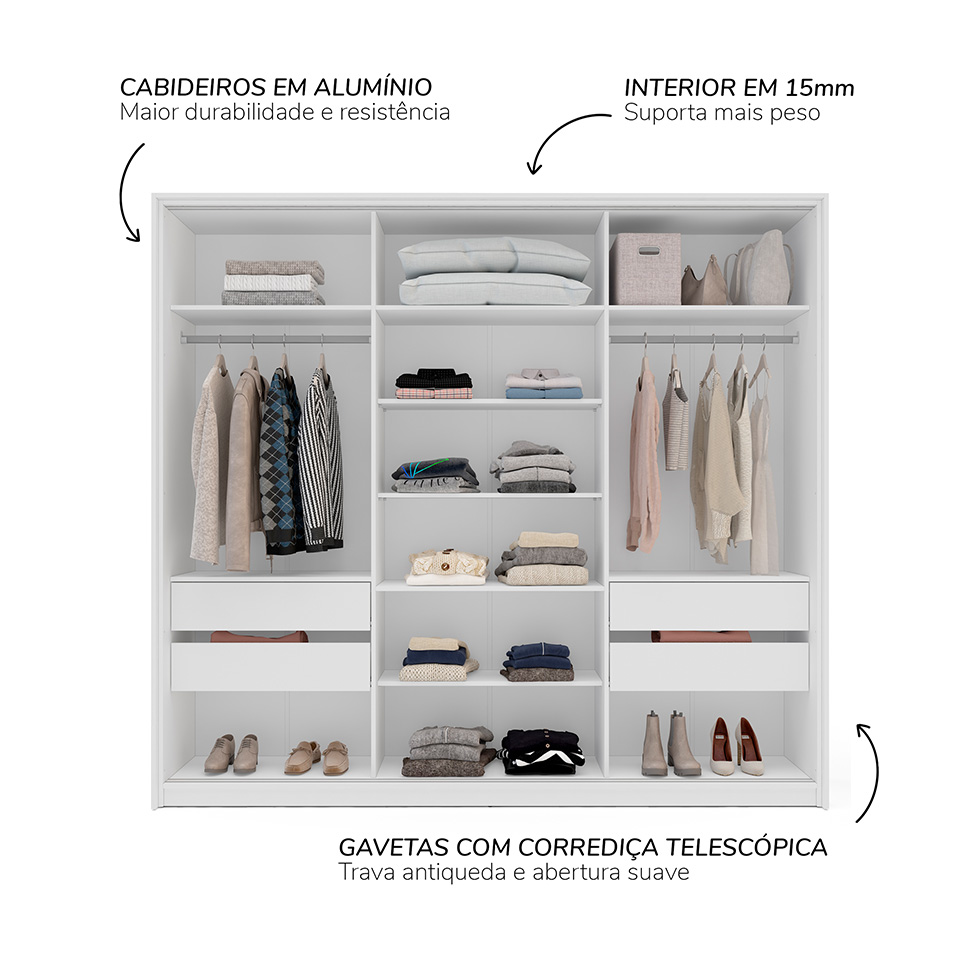 Guarda-Roupa Casal com Espelho Madrid 3 Portas 2 Gavetas Branco e Azul