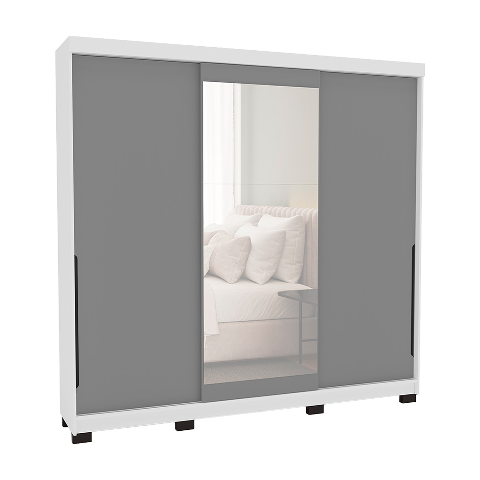 Guarda-Roupa Casal com Espelho Madrid 3 Portas 2 Gavetas Branco e Cinza