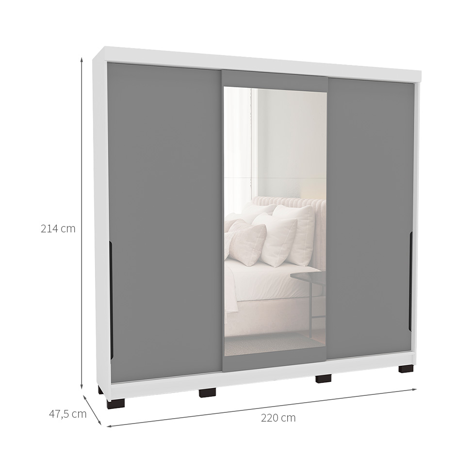 Guarda-Roupa Casal com Espelho Madrid 3 Portas 2 Gavetas Branco e Cinza