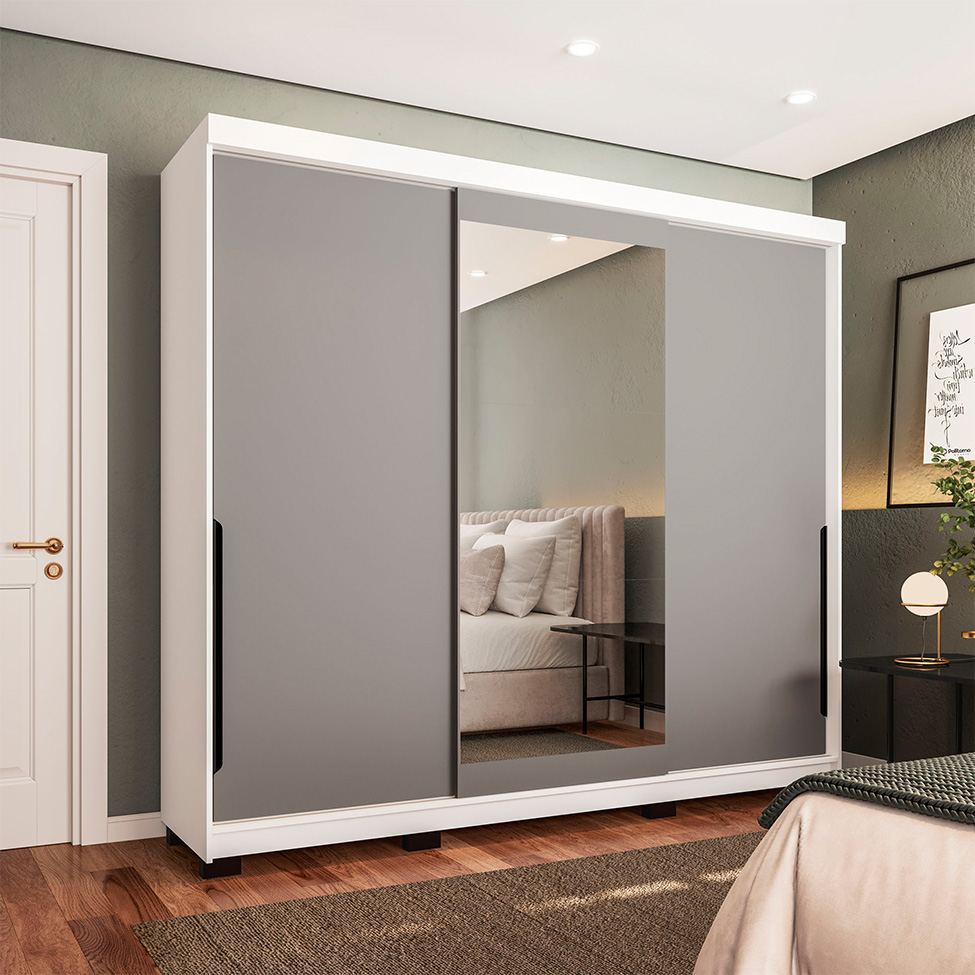 Guarda-Roupa Casal com Espelho Madrid 3 Portas 2 Gavetas Branco e Cinza