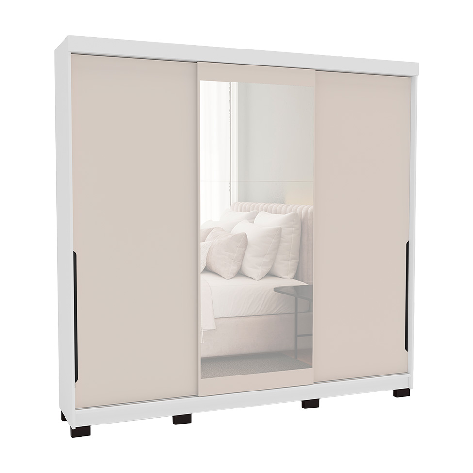 Guarda-Roupa Casal com Espelho Madrid 3 Portas 2 Gavetas Branco e Creme