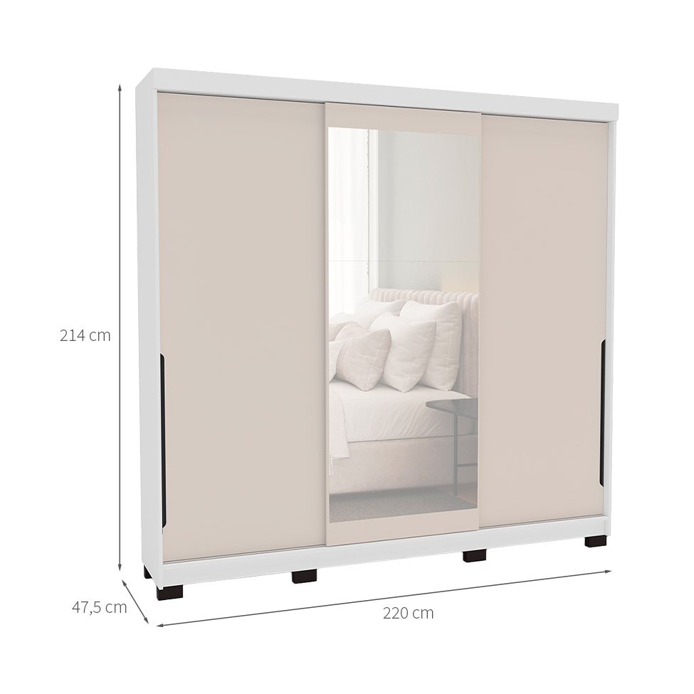 Guarda-Roupa Casal com Espelho Madrid 3 Portas 2 Gavetas Branco e Creme