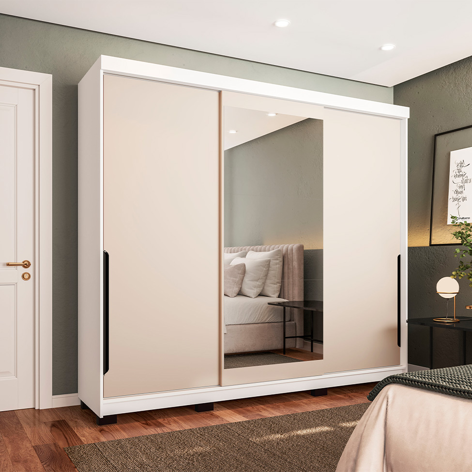 Guarda-Roupa Casal com Espelho Madrid 3 Portas 2 Gavetas Branco e Creme