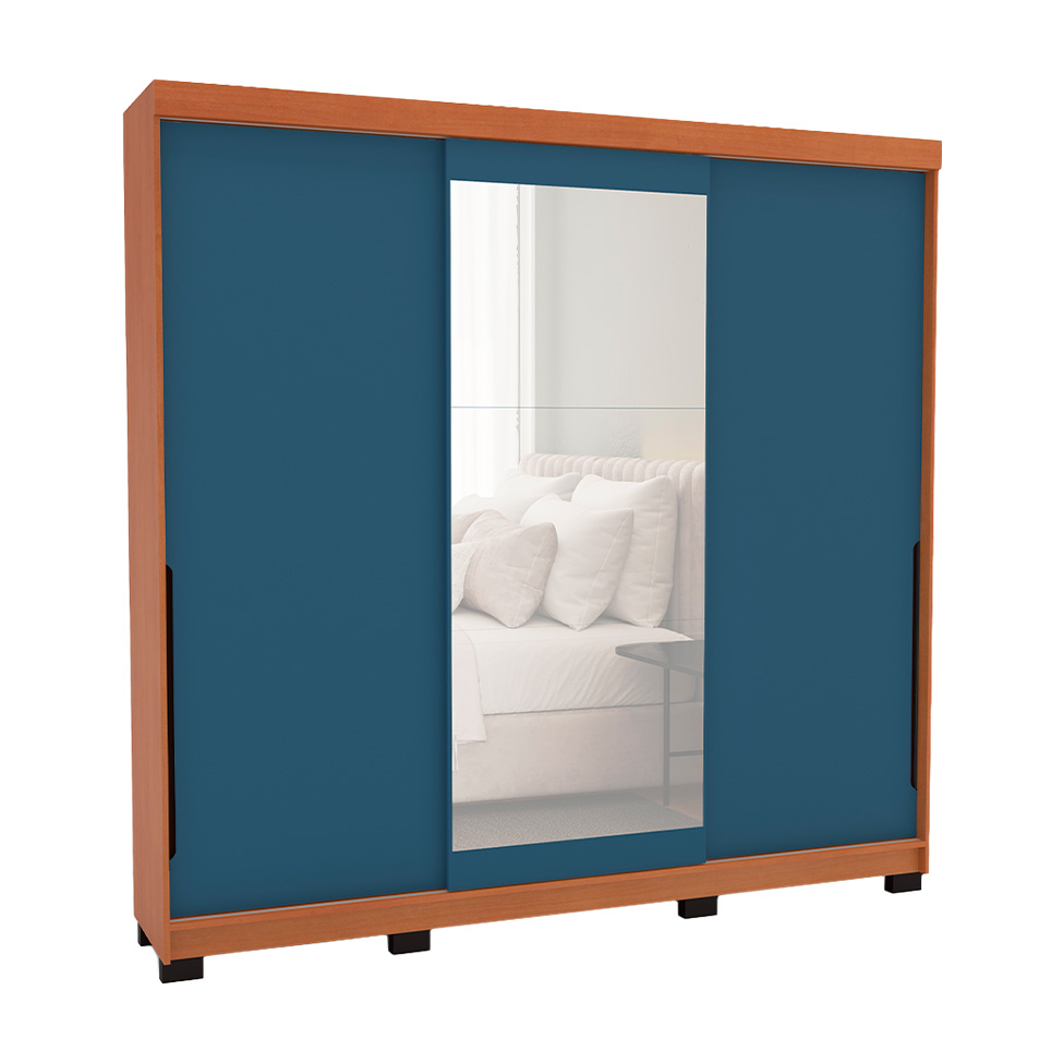 Guarda-Roupa Casal com Espelho Madrid 3 Portas 2 Gavetas Freijó e Azul