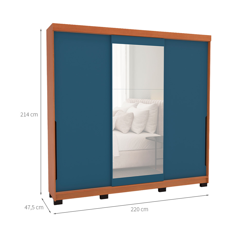 Guarda-Roupa Casal com Espelho Madrid 3 Portas 2 Gavetas Freijó e Azul