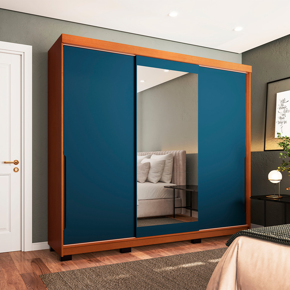 Guarda-Roupa Casal com Espelho Madrid 3 Portas 2 Gavetas Freijó e Azul