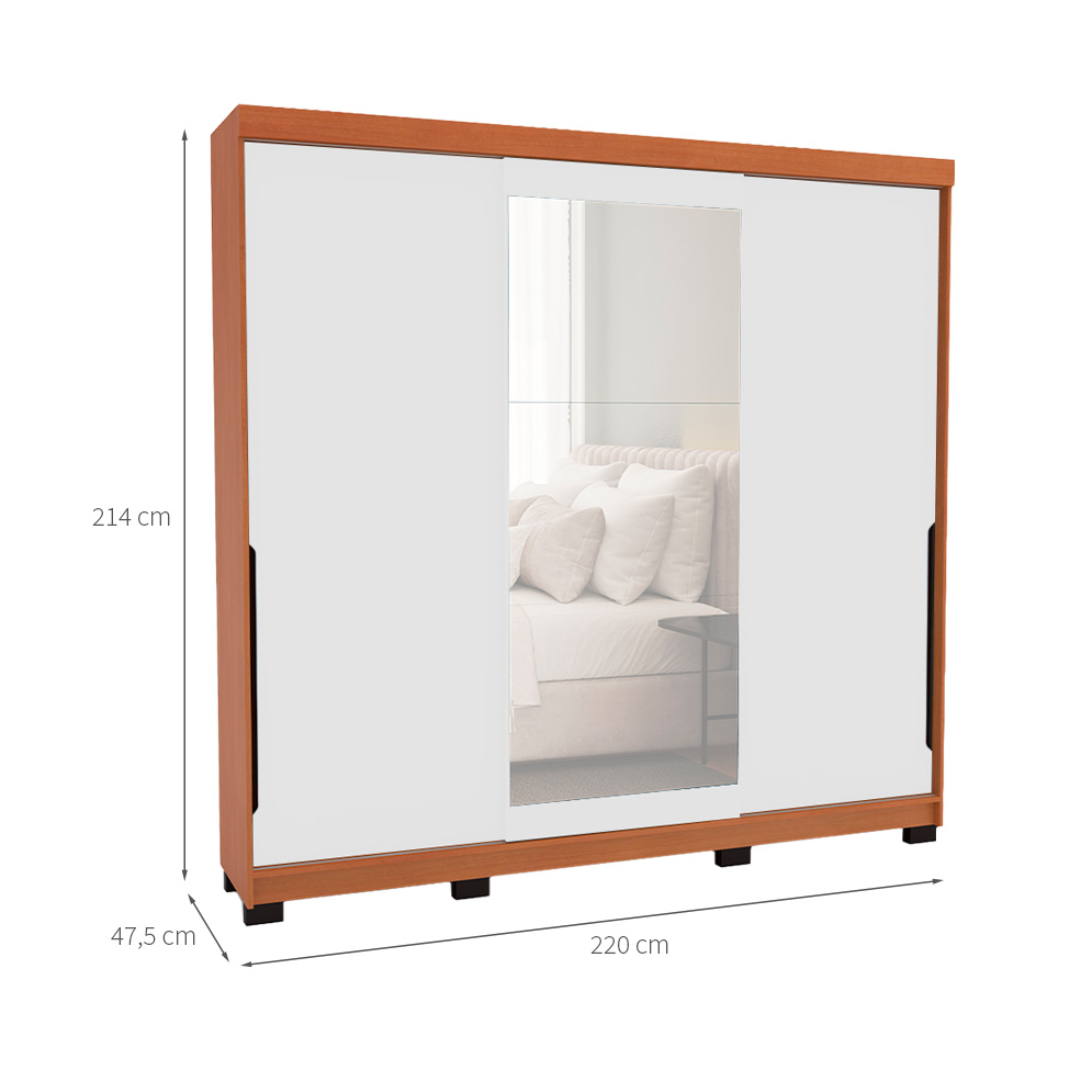 Guarda-Roupa Casal com Espelho Madrid 3 Portas 2 Gavetas Freijó e Branco