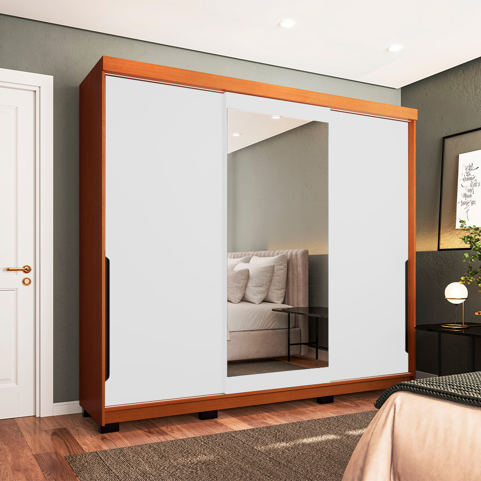 Guarda-Roupa Casal com Espelho Madrid 3 Portas 2 Gavetas Freijó e Branco