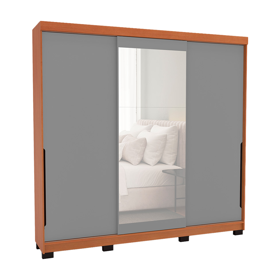 Guarda-Roupa Casal com Espelho Madrid 3 Portas 2 Gavetas Freijó e Cinza
