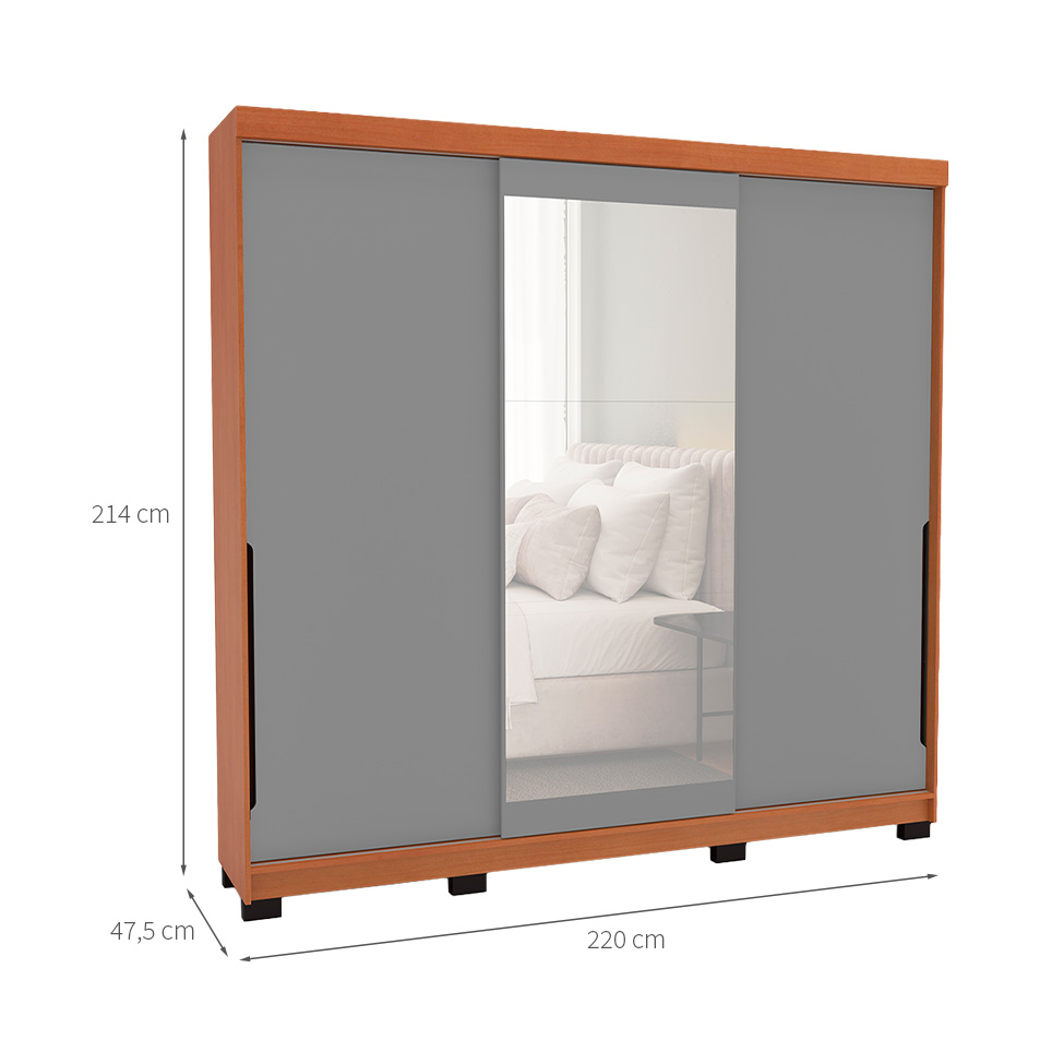 Guarda-Roupa Casal com Espelho Madrid 3 Portas 2 Gavetas Freijó e Cinza