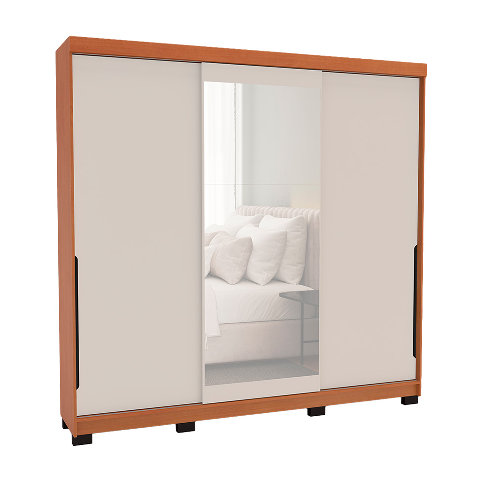 Guarda-Roupa Casal com Espelho Madrid 3 Portas 2 Gavetas Freijó e Creme