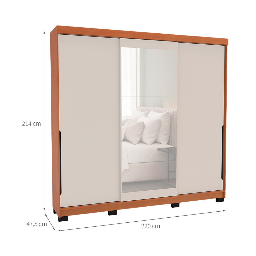 Guarda-Roupa Casal com Espelho Madrid 3 Portas 2 Gavetas Freijó e Creme