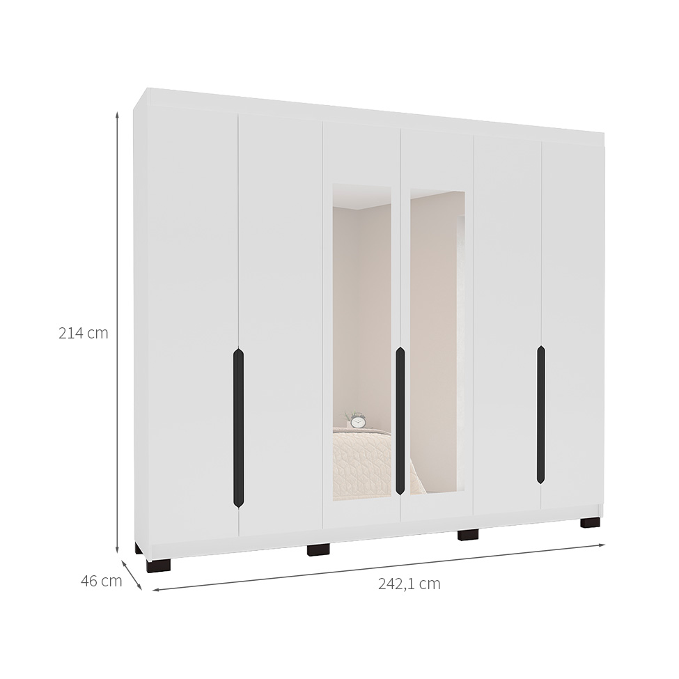Guarda-Roupa Casal com Espelho Madrid 6 Portas 4 Gavetas Branco