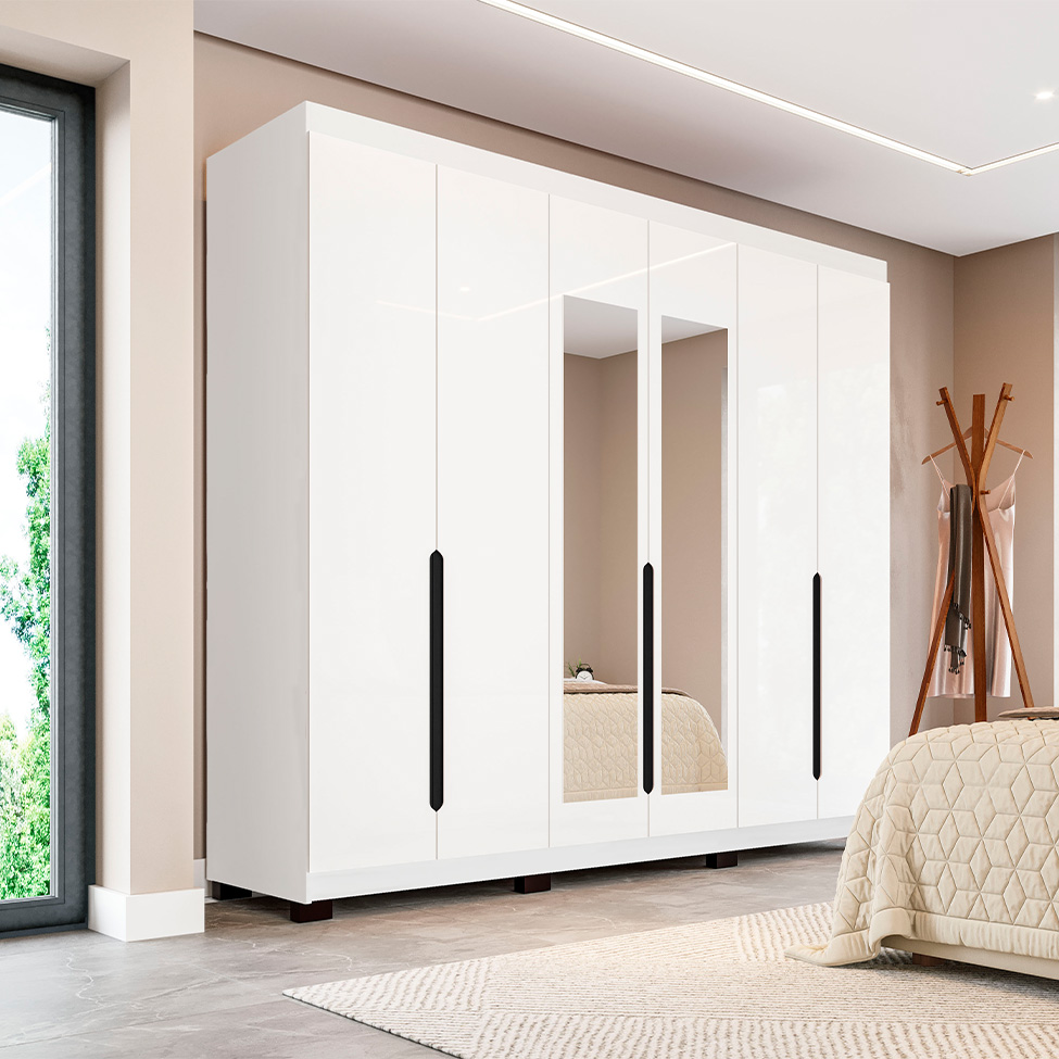Guarda-Roupa Casal com Espelho Madrid 6 Portas 4 Gavetas Branco