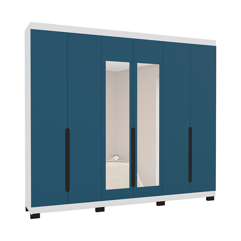 Guarda-Roupa Casal com Espelho Madrid 6 Portas 4 Gavetas Branco e Azul