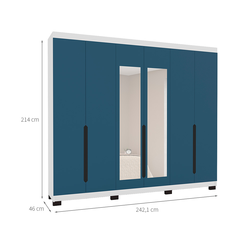 Guarda-Roupa Casal com Espelho Madrid 6 Portas 4 Gavetas Branco e Azul