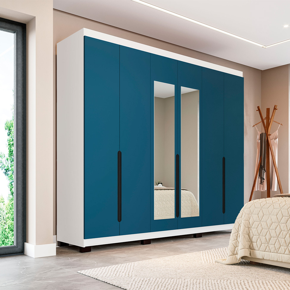 Guarda-Roupa Casal com Espelho Madrid 6 Portas 4 Gavetas Branco e Azul