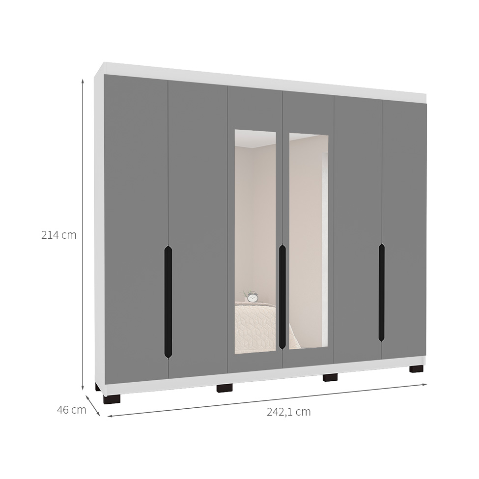 Guarda-Roupa Casal com Espelho Madrid 6 Portas 4 Gavetas Branco e Cinza