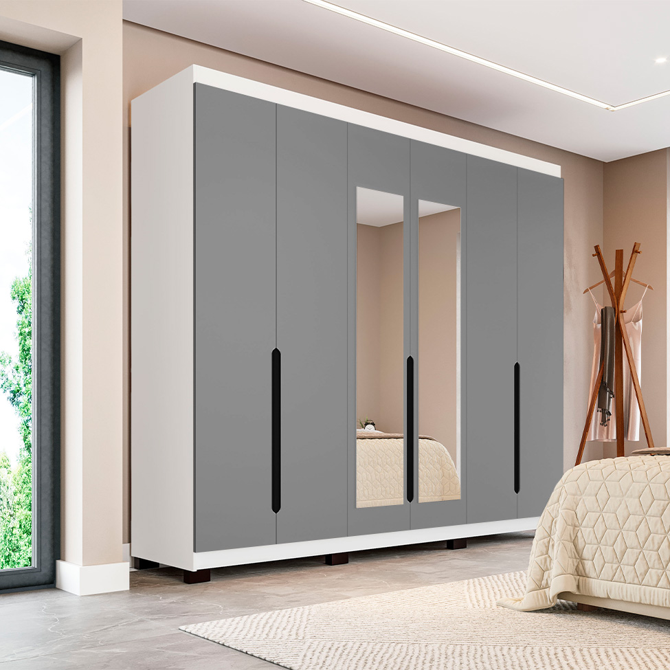 Guarda-Roupa Casal com Espelho Madrid 6 Portas 4 Gavetas Branco e Cinza
