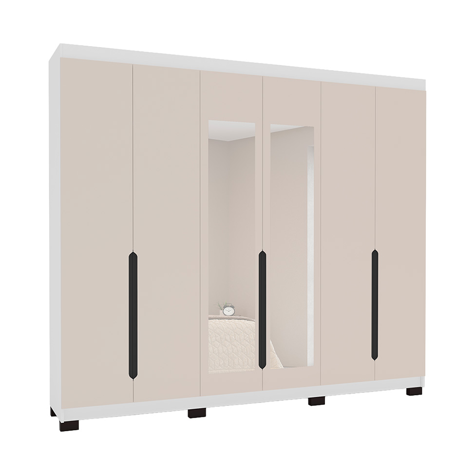 Guarda-Roupa Casal com Espelho Madrid 6 Portas 4 Gavetas Branco e Creme