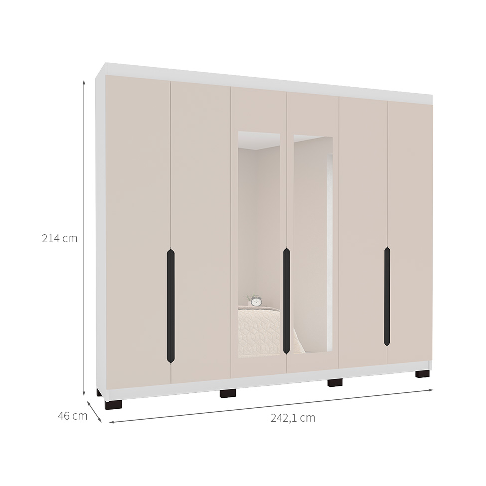 Guarda-Roupa Casal com Espelho Madrid 6 Portas 4 Gavetas Branco e Creme