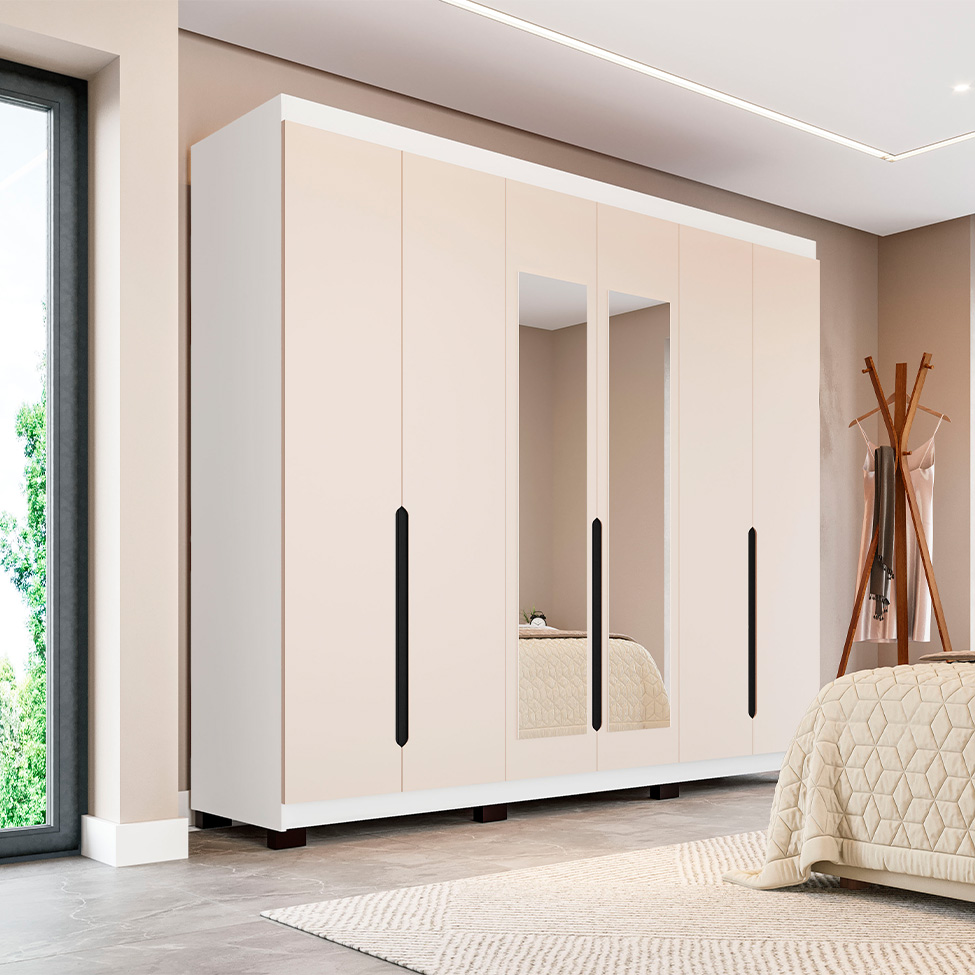 Guarda-Roupa Casal com Espelho Madrid 6 Portas 4 Gavetas Branco e Creme