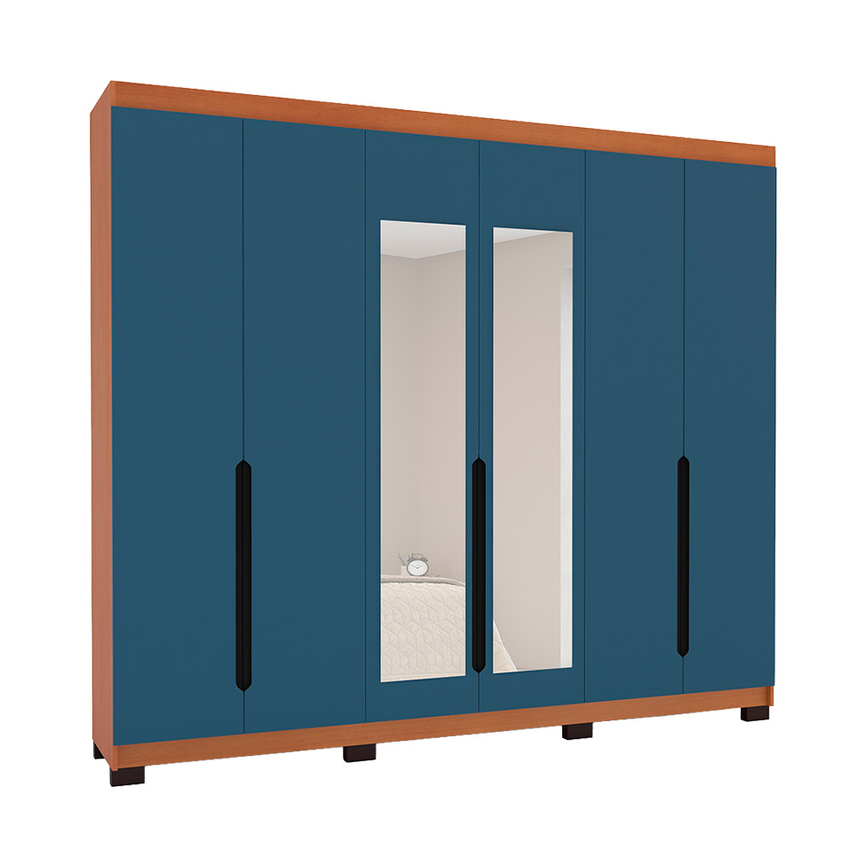 Guarda-Roupa Casal com Espelho Madrid 6 Portas 4 Gavetas Freijó e Azul