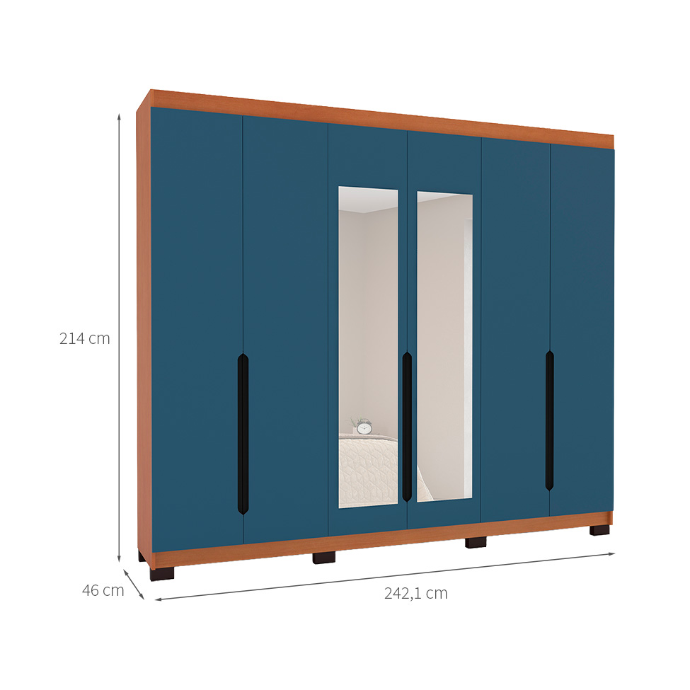 Guarda-Roupa Casal com Espelho Madrid 6 Portas 4 Gavetas Freijó e Azul