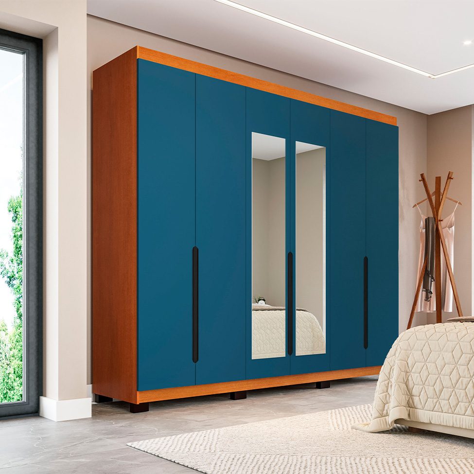 Guarda-Roupa Casal com Espelho Madrid 6 Portas 4 Gavetas Freijó e Azul
