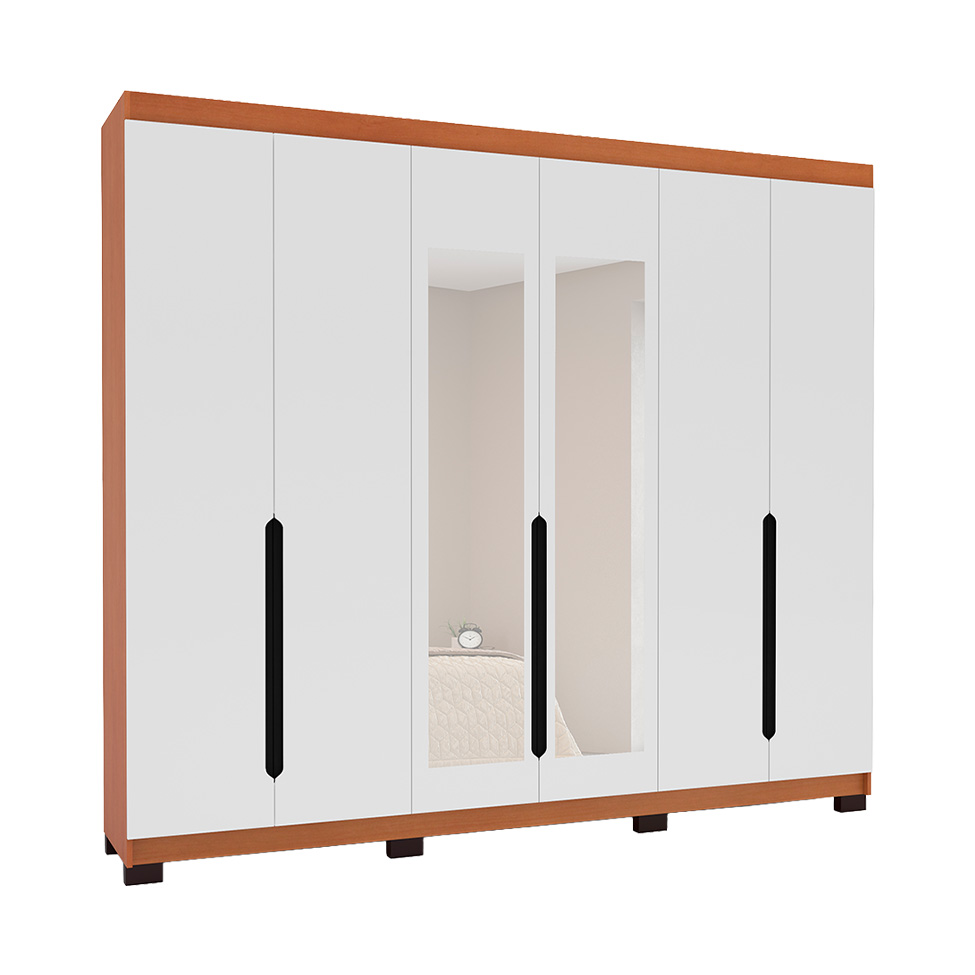 Guarda-Roupa Casal com Espelho Madrid 6 Portas 4 Gavetas Freijó e Branco