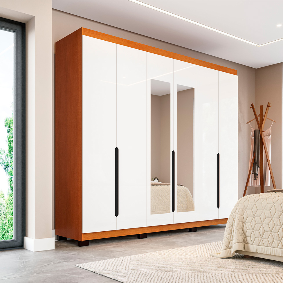 Guarda-Roupa Casal com Espelho Madrid 6 Portas 4 Gavetas Freijó e Branco