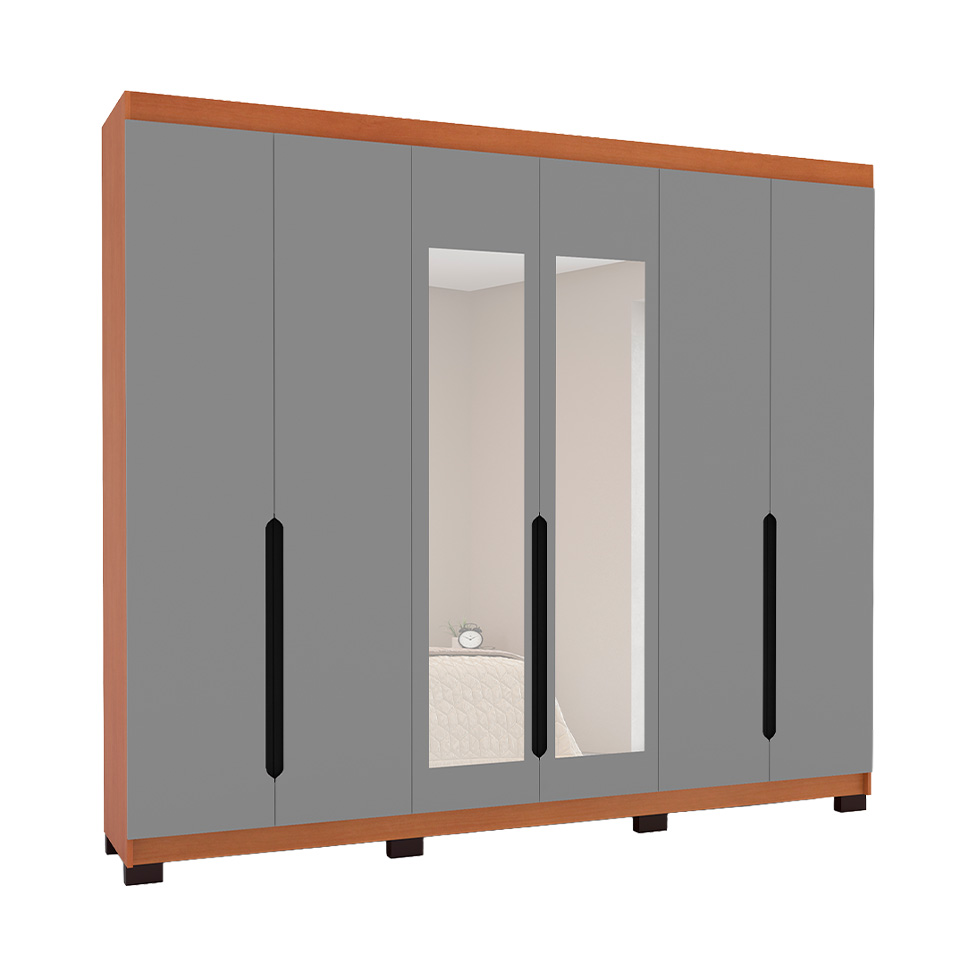 Guarda-Roupa Casal com Espelho Madrid 6 Portas 4 Gavetas Freijó e Cinza