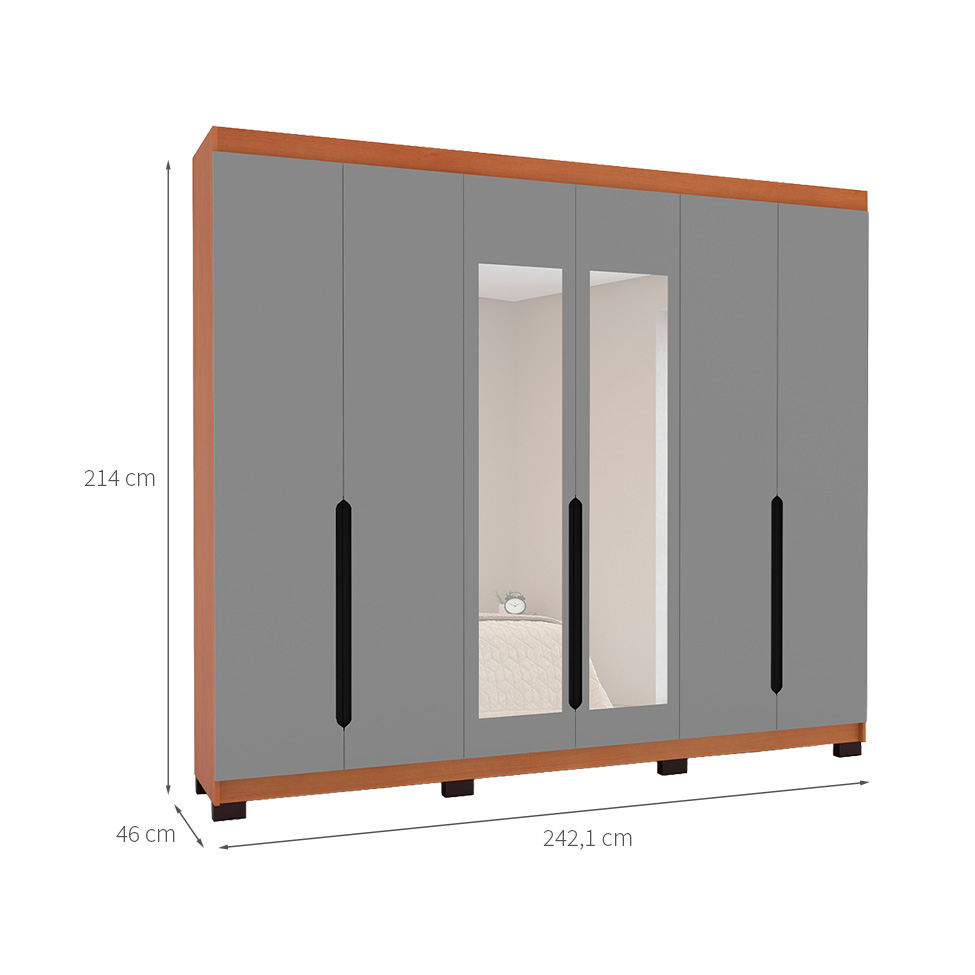 Guarda-Roupa Casal com Espelho Madrid 6 Portas 4 Gavetas Freijó e Cinza