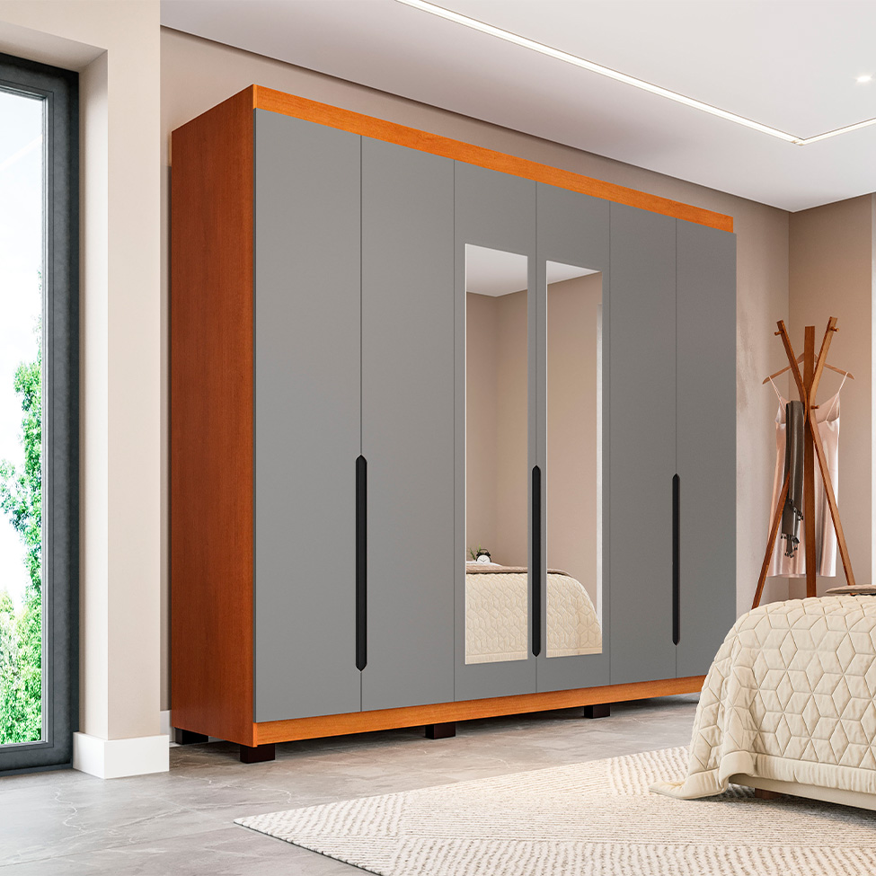 Guarda-Roupa Casal com Espelho Madrid 6 Portas 4 Gavetas Freijó e Cinza