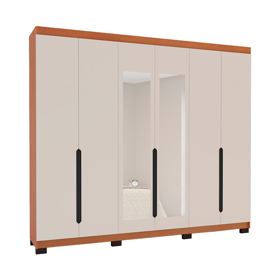 Guarda-Roupa Casal com Espelho Madrid 6 Portas 4 Gavetas Freijó e Creme