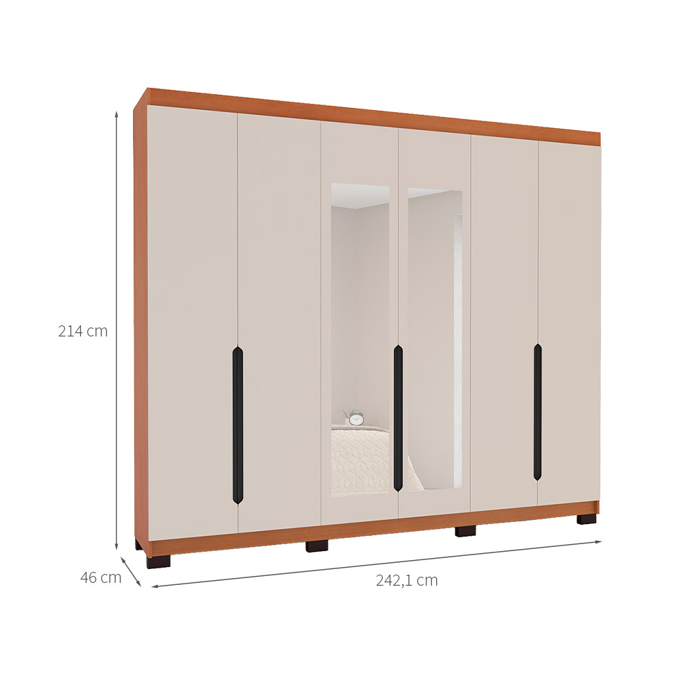 Guarda-Roupa Casal com Espelho Madrid 6 Portas 4 Gavetas Freijó e Creme