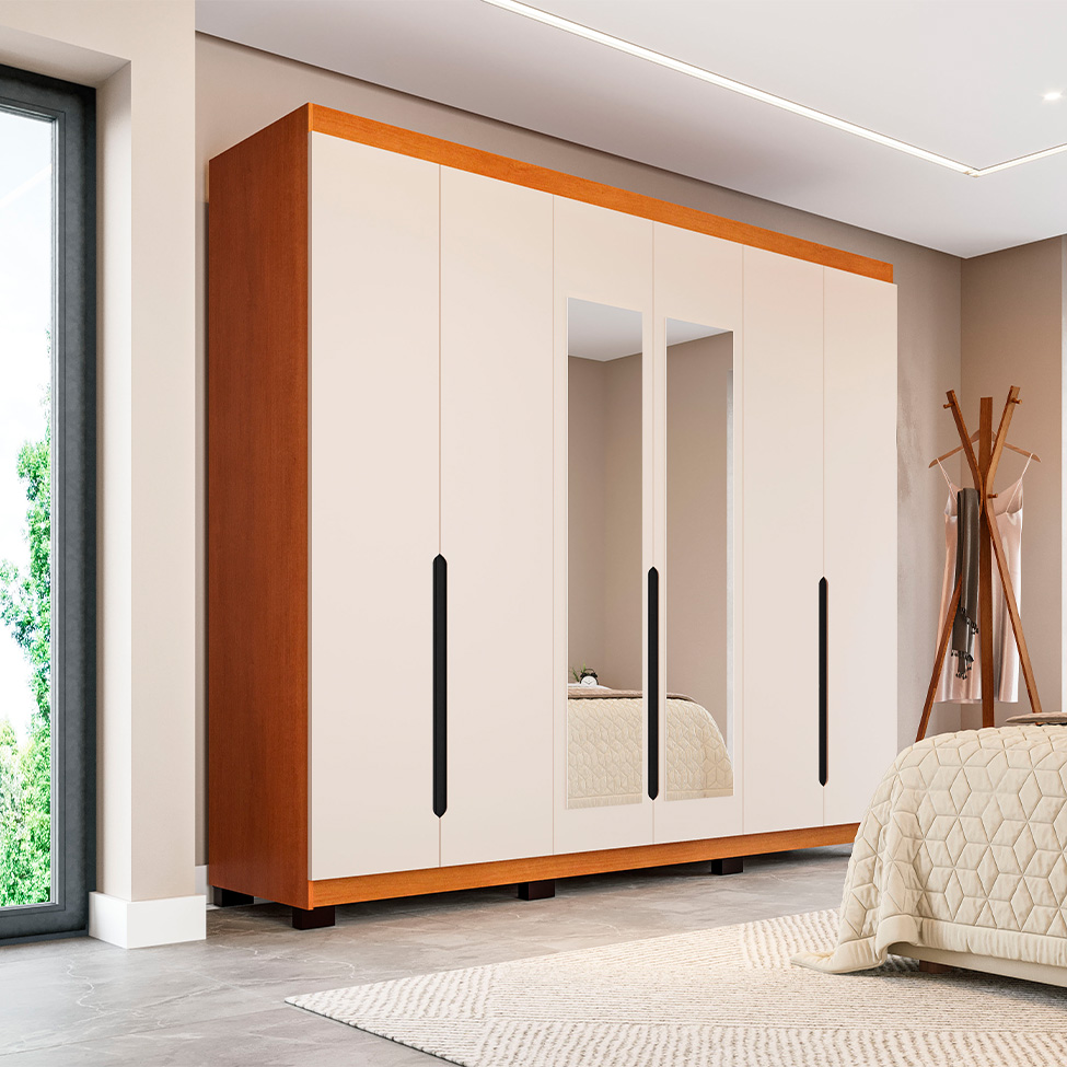 Guarda-Roupa Casal com Espelho Madrid 6 Portas 4 Gavetas Freijó e Creme