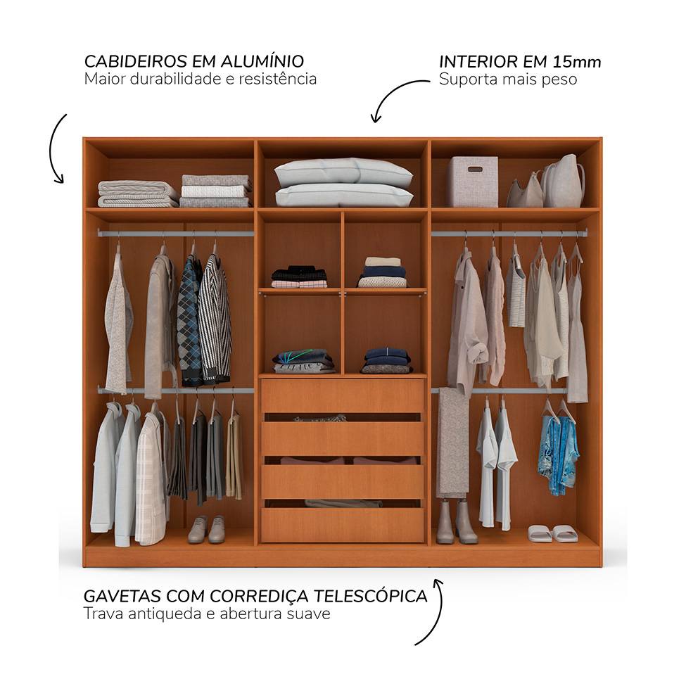 Guarda-Roupa Casal com Espelho Madrid 6 Portas 4 Gavetas Freijó e Creme
