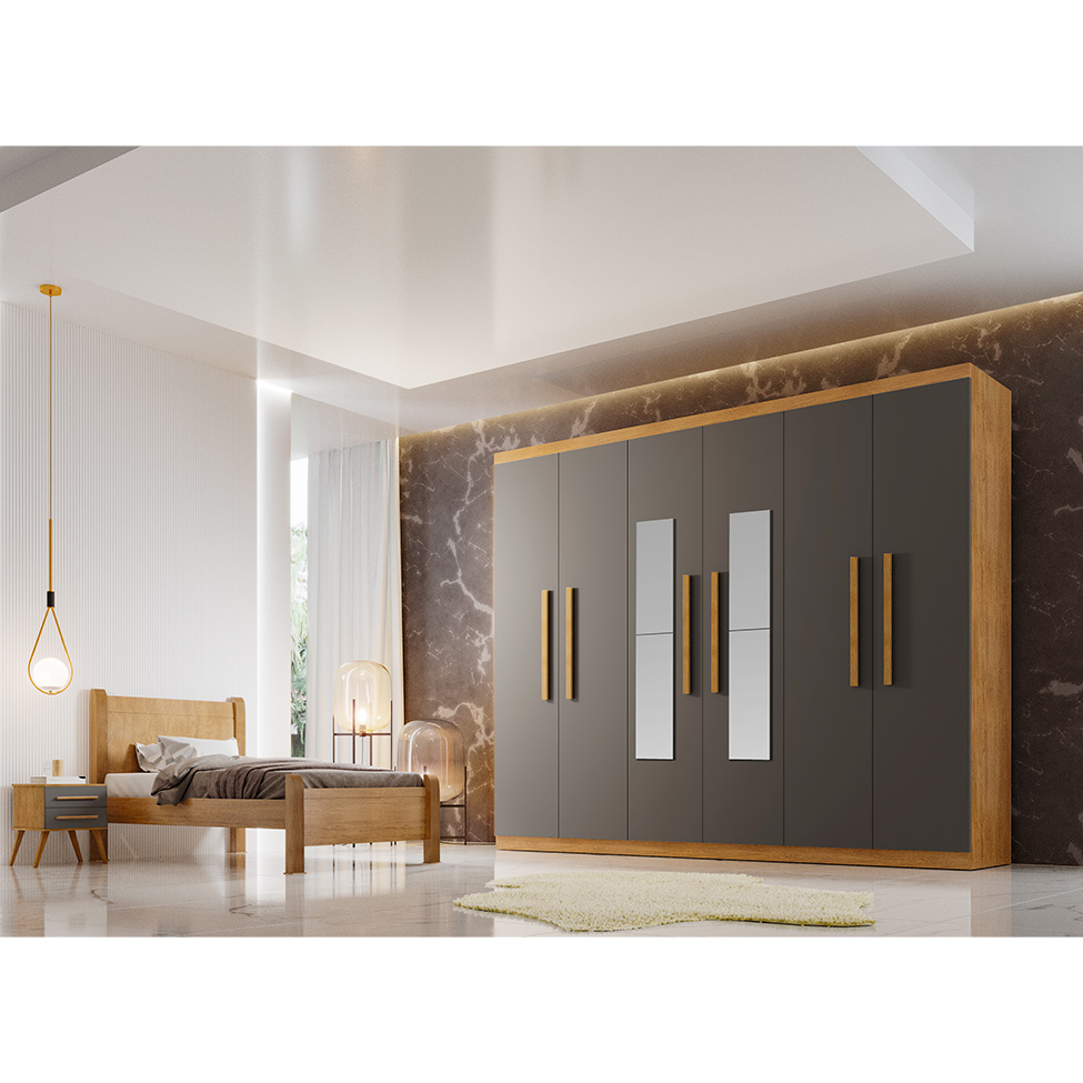 Guarda-Roupa Casal com Espelho Malibu 6 Portas 2 Gavetas Imbuia e Grafite