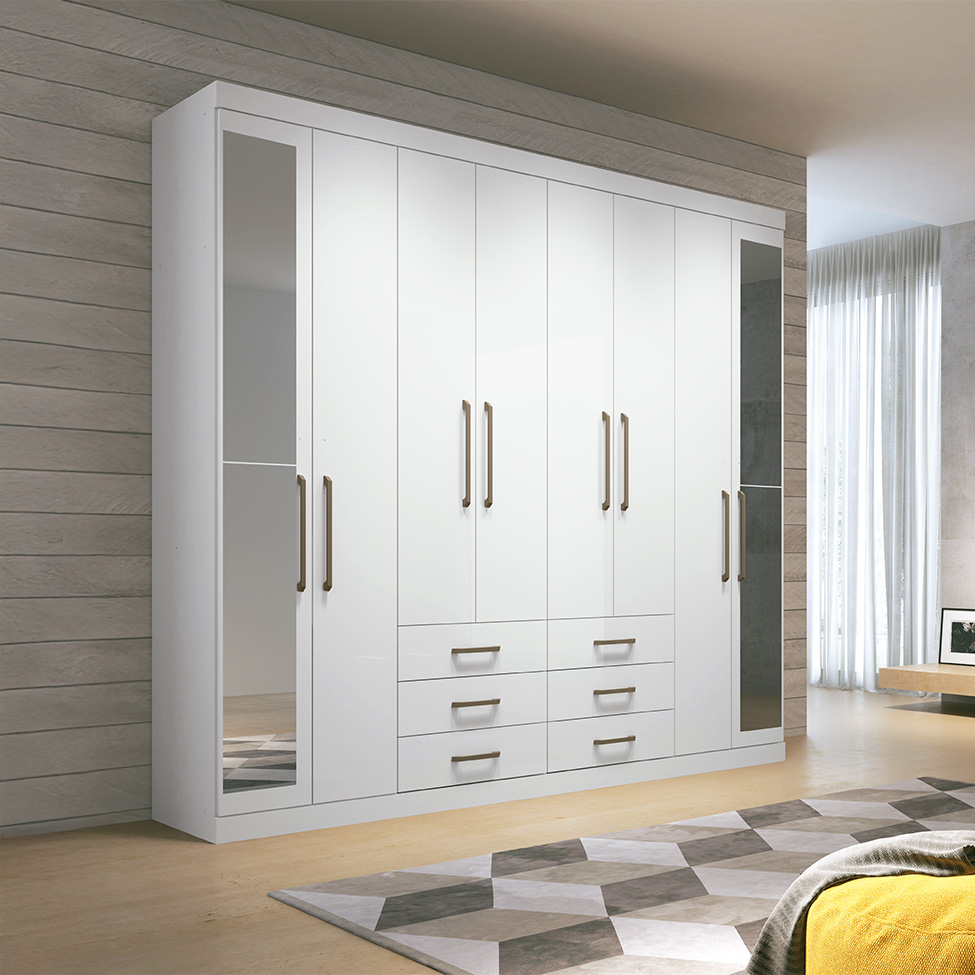 Guarda-Roupa Casal com Espelho Master 8 Portas 6 Gavetas Branco