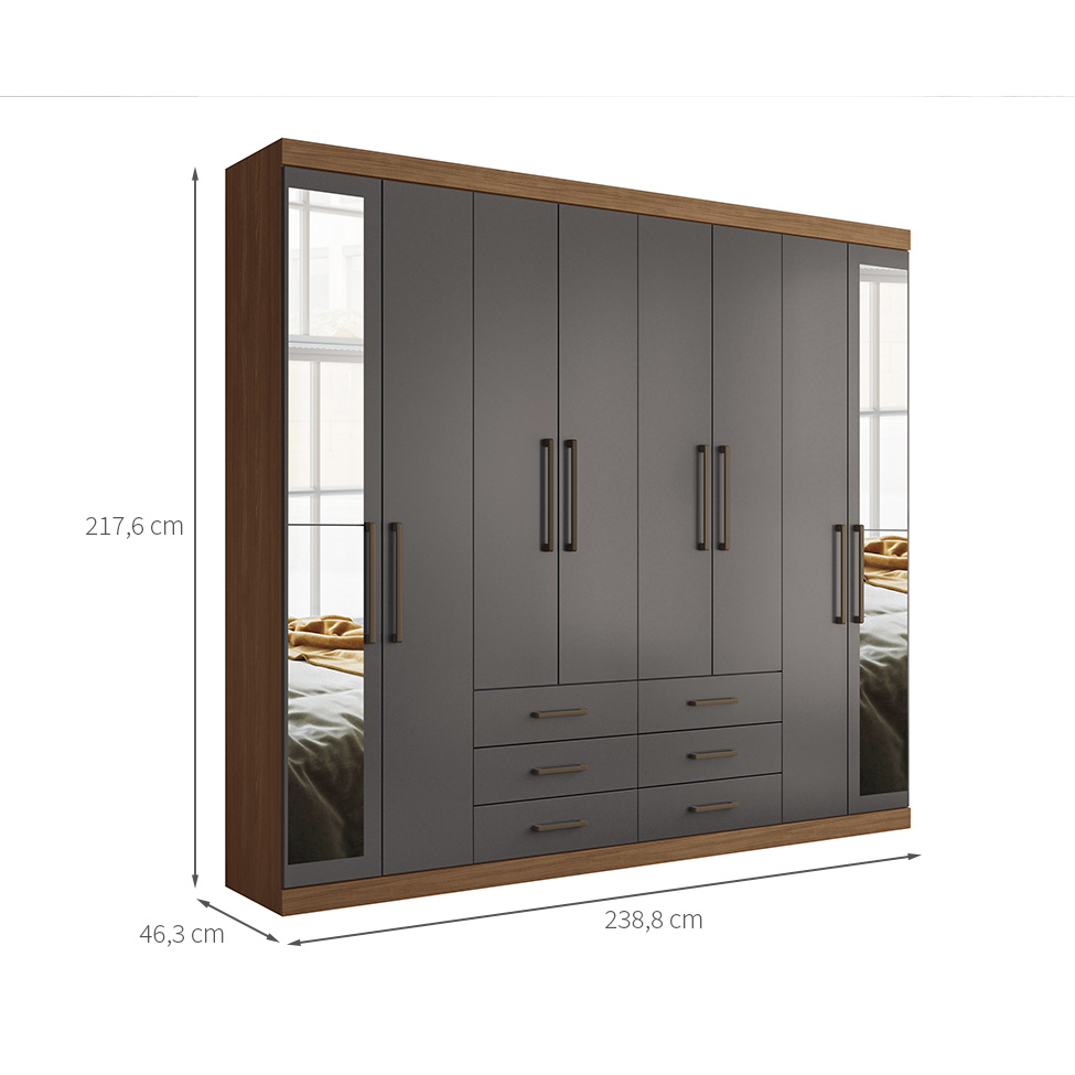 Guarda-Roupa Casal com Espelho Master 8 Portas 6 Gavetas Jatobá e Grafite