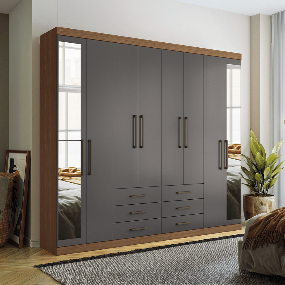 Guarda-Roupa Casal com Espelho Master 8 Portas 6 Gavetas Jatobá e Grafite