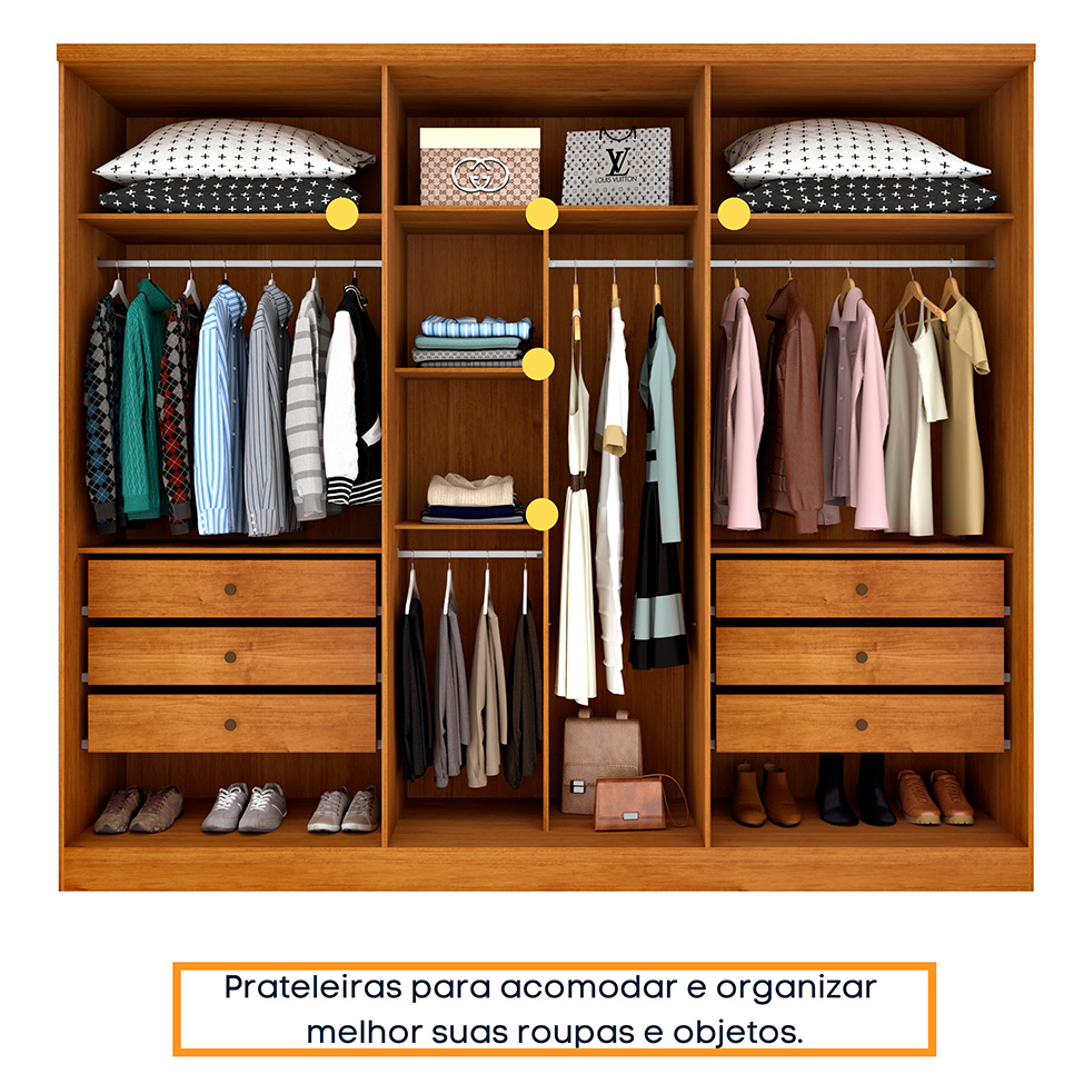 Guarda-Roupa Casal com Espelho Milão Flex 3 Portas 6 Gavetas Cinamomo e Off White