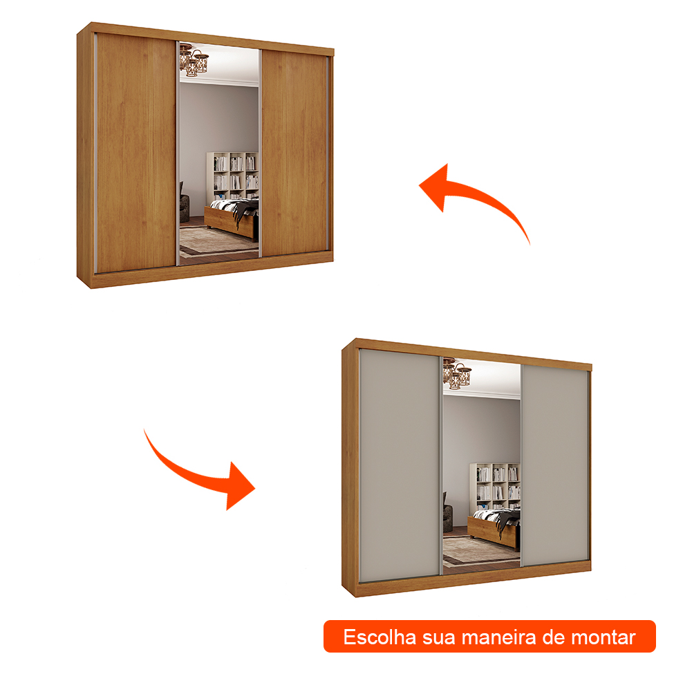 Guarda-Roupa Casal com Espelho Milão Flex 3 Portas 6 Gavetas Cinamomo e Off White