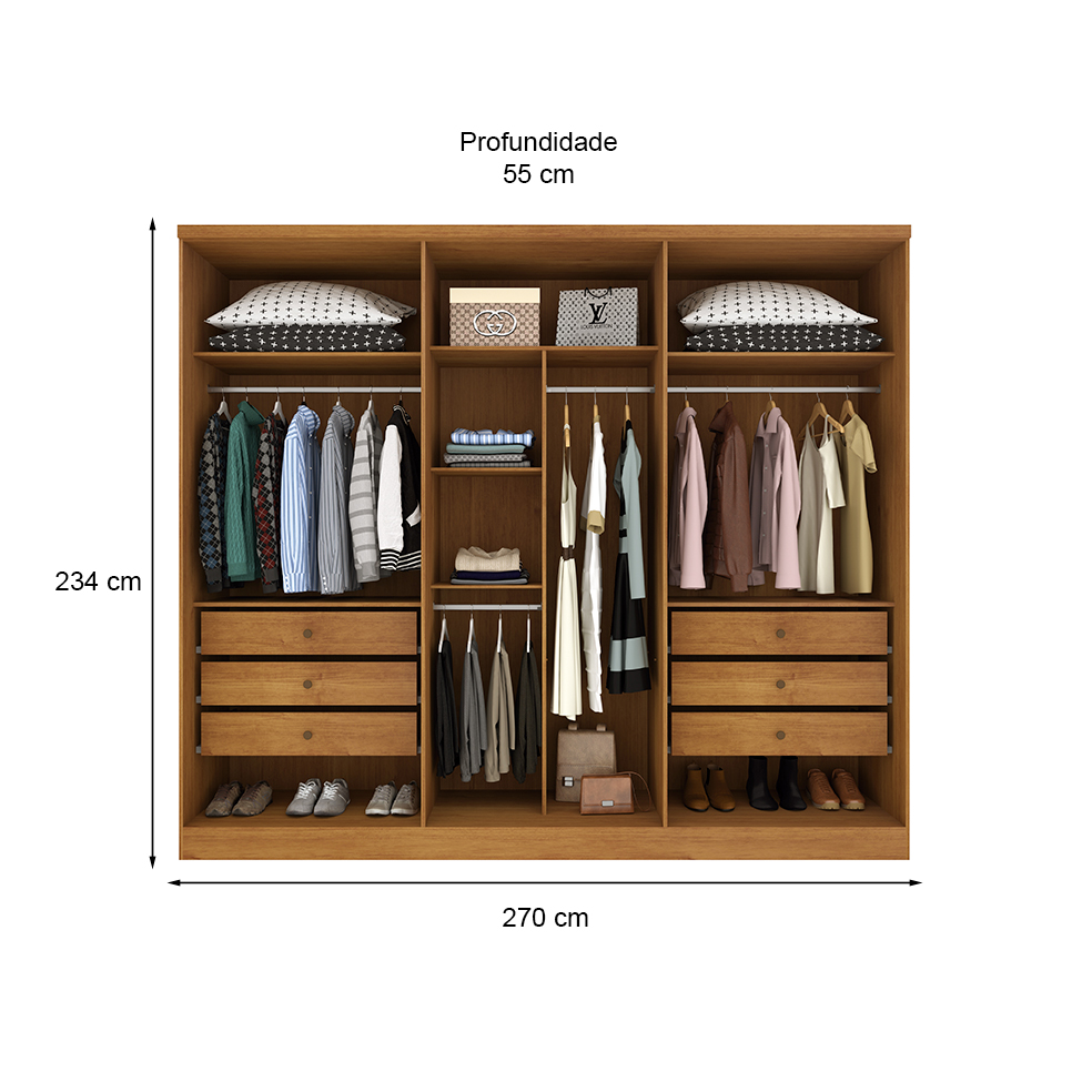 Guarda-Roupa Casal com Espelho Milão Flex 3 Portas 6 Gavetas Cinamomo e Off White